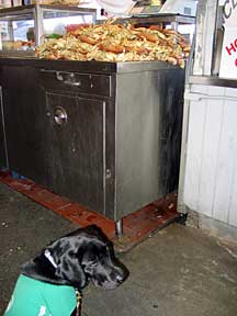 Cynthia sitting in front of a restaurant counter top filled with crabs.